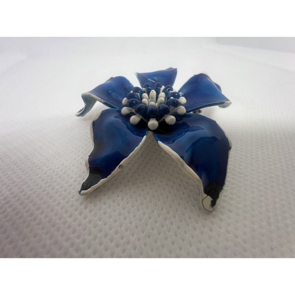 Vtg SIGNED Marked Mode ART Blue Flower Enamel Brooch Pin Circa 1940-1955 - Picture 3 of 10